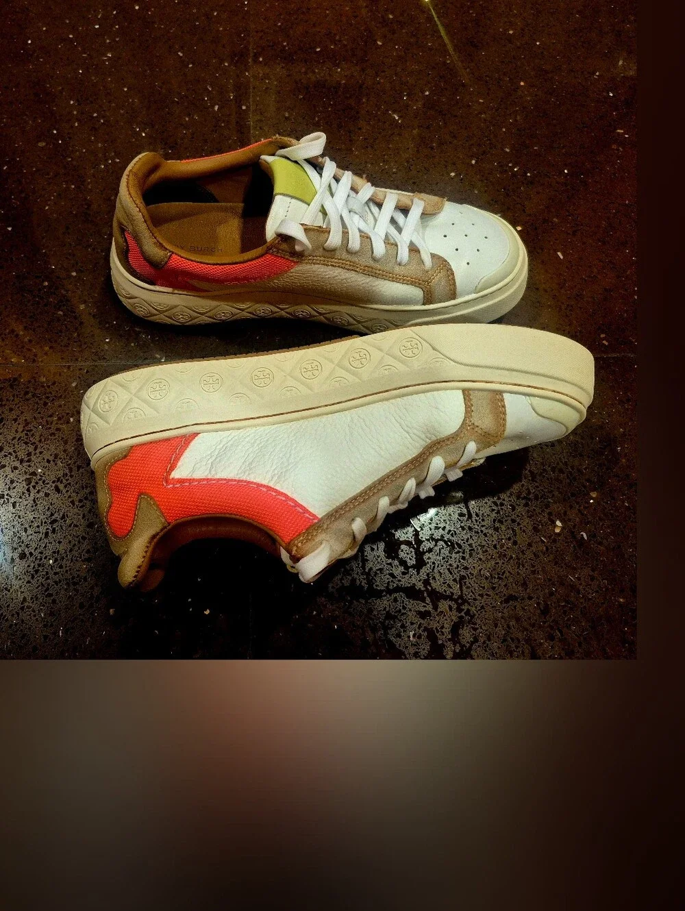 Tory Burch Leather Sneakers in White and Orange-Red with Tan Trim